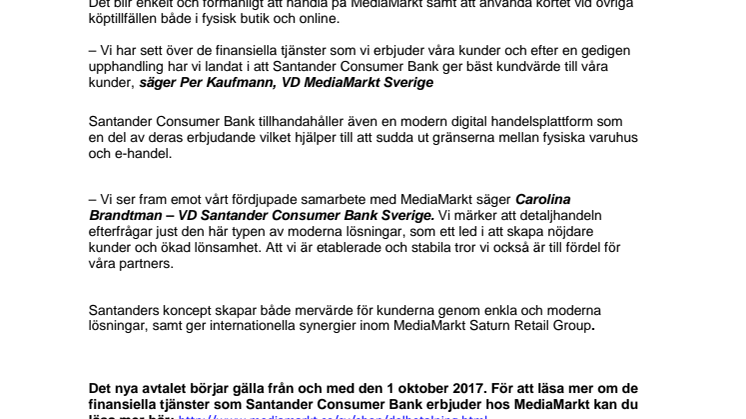 Nytt samarbete mellan Santander Consumer Bank och MediaMarkt