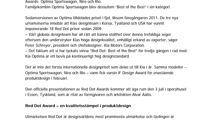 Red Dot designpris till Optima Sportswagon, Niro och Rio