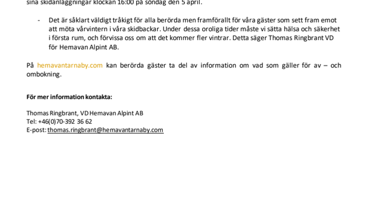 Hemavan och Tärnaby stänger sina skidanläggningar 5 april