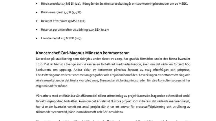 Delårsrapport 1 januari - 31 mars 2010