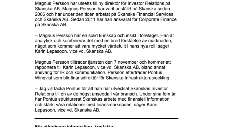 Magnus Persson ny direktör för Investor Relations på Skanska AB