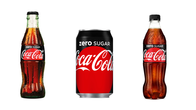 Coca-Cola zero sugar i glasblaska, burk och 500 ml PET