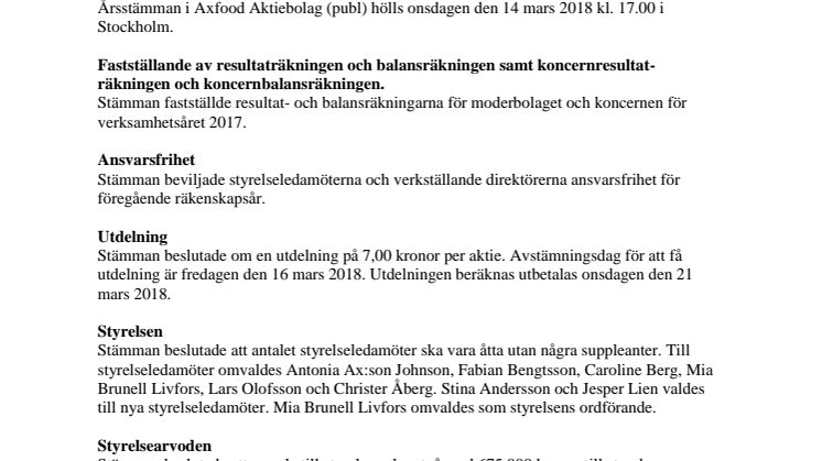 Beslut vid Axfoods årsstämma 2018