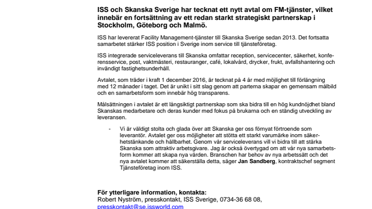 ISS tecknar nytt FM-avtal med Skanska
