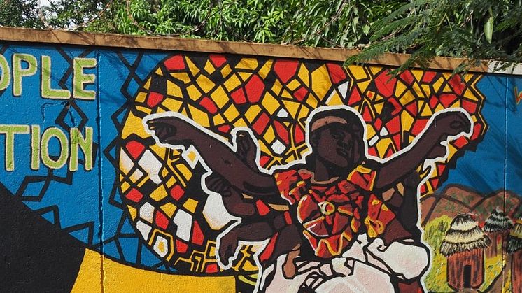 Art work by refugees at the Antonio Guterres Urban Refugee Community Centre in Kampala, Uganda.