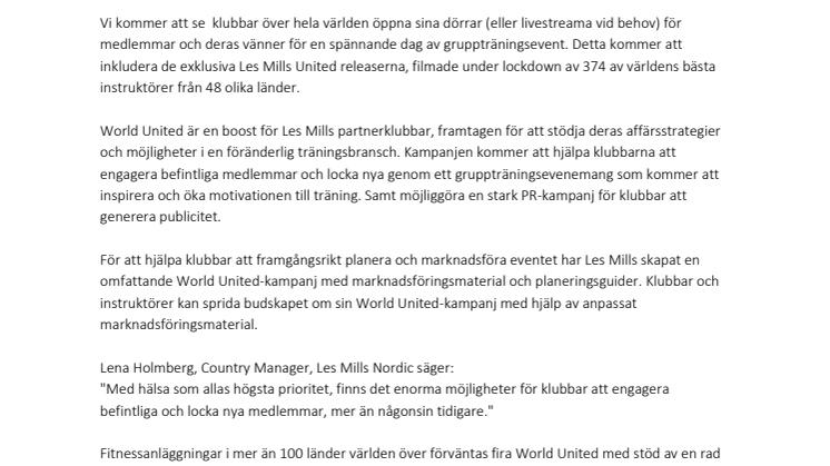 WORLD UNITED: NYA KRAFTTAG GENOM ETT GLOBALT FITNESSEVENT