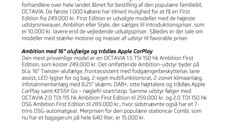 Ny ŠKODA OCTAVIA fås som First Edition til introduktionspris