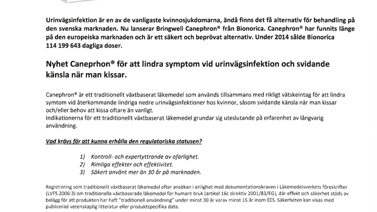 Nyhet Caneprhon® för att lindra symptom vid urinvägsinfektion och svidande känsla när man kissar