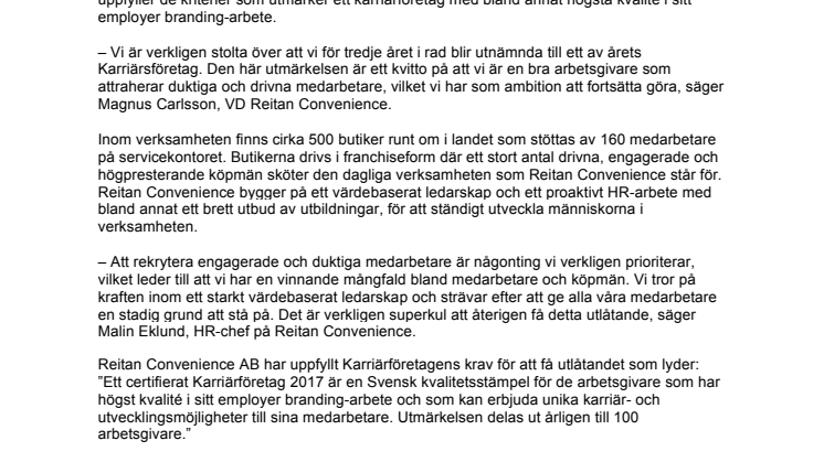 Reitan Convenience Sweden utses till Karriärföretag 2017