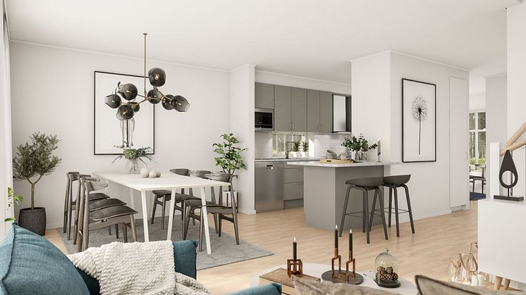 Brf Dora Lindgrens väg 2 - 3D-bild av tvåplanshusens kök/matplats/vardagsrum. 