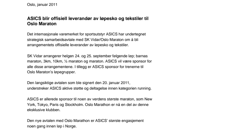 ASICS blir offisiell leverandør av løpesko og tekstiler til Oslo Maraton 
