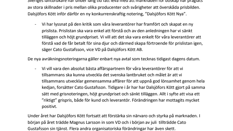 Dalsjöfors Kött lanserar ny prislista för inköp av djur