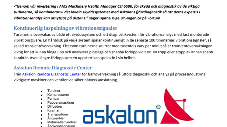 Askalon AB fjärrövervakar turbiner åt Fortum, Värtaverket i Stockholm
