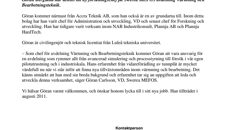 Ny forskningschef på Swerea MEFOS