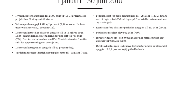 Delårsrapport 1 januari - 30 juni 2010