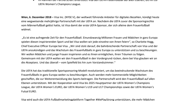 Visa und UEFA schließen wegweisende  Frauenfußball-Partnerschaft 