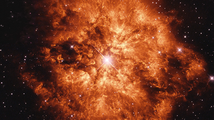 Exempel på en närbelägen Wolf-Rayet stjärna, här avbildad med Hubbleteleskopet. Stjärnan är insvept i gas från tidigare stjärnvindar. Bild: Hubble Legacy Archive, NASA, ESA - Processing & Licence: Judy Schmidt (creative commons)