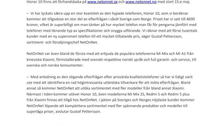 NetOnNet först ut med att sälja Honor 10 i Sverige 