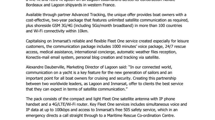 Inmarsat partners with Europe’s biggest leisure boat manufacturer to offer Fleet One for Groupe Beneteau Lagoon brand