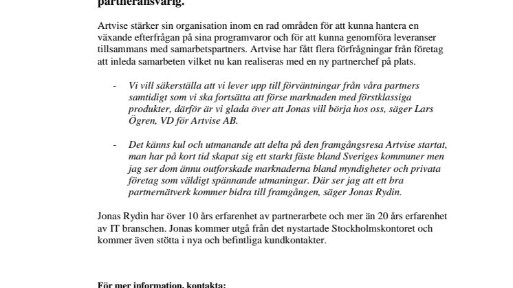 Jonas Rydin blir ny partnerchef hos Artvise AB!