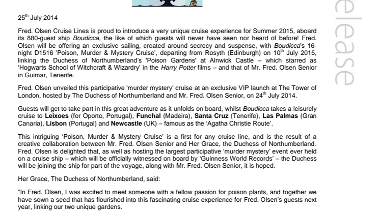 ‘A Date with Death & The Duchess’ – Fred. Olsen Cruise Lines unveils its new ‘Poison, Murder & Mystery Cruise’ in Summer 2015