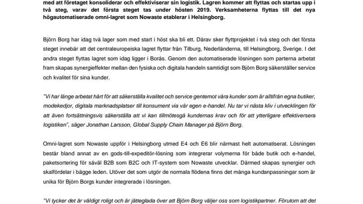 Björn Borg konsoliderar logistiken - flyttar lagren till Nowastes nya automationslager