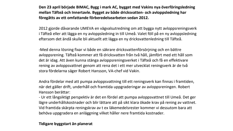 Vakin påbörjar bygget av överföringsledning mellan Täfteå och Innertavle