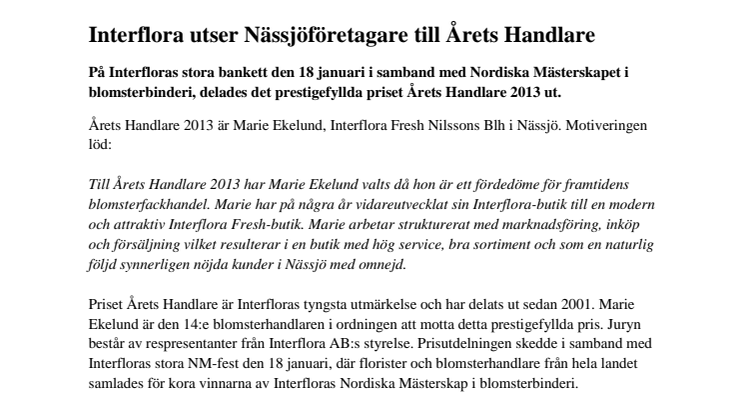 Interflora utser Nässjöföretagare till Årets Handlare