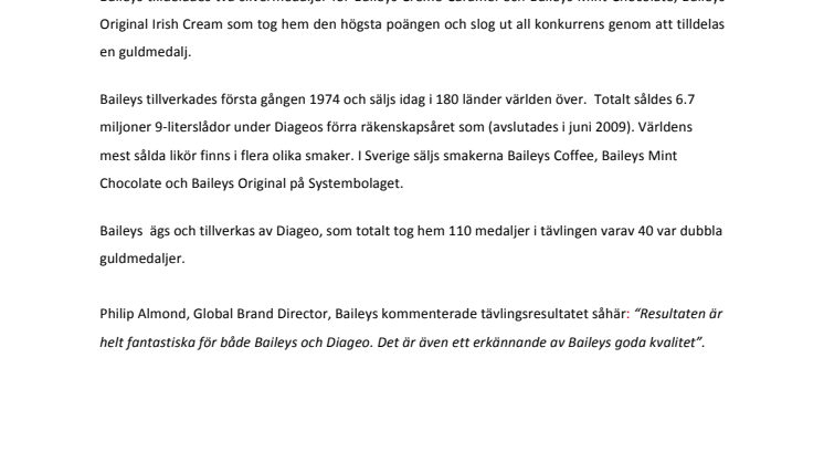 Baileys slog ut konkurrenterna på 10:e upplagan av San Francisco Spirits Competition