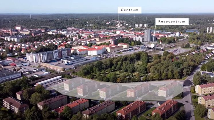 Markeringen visar Riksbyggen Brf Trollhättehus nr 5. Bild lånad av Svensk Fastighetsförmedling, Trollhättan. Foto: Sebastian Lamotte.