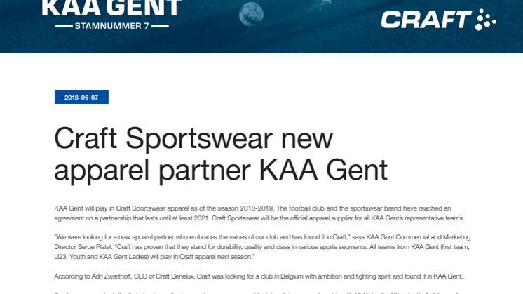 Craft Sportswear new apparel partner of KAA Gent