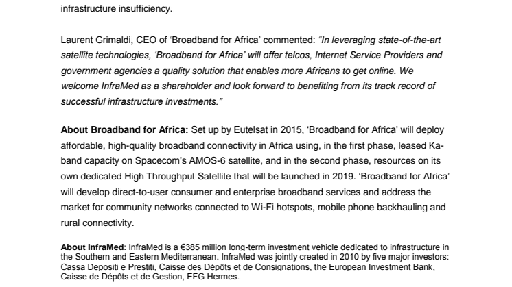 InfraMed invests in Eutelsat’s ‘Broadband for Africa’ satellite venture