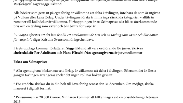 Selmapriset – Nytt litteraturpris för egenutgivare
