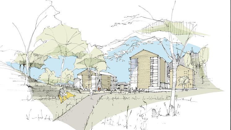 Skissbild över Dotegården och den intilliggande aktivitetsparken. Illustratör: Petter Lodmark, arkitekt på QPG.