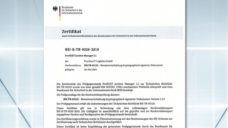 BSI TR-ESOR Zertifizierung für proNEXT Archive Manager von procilon