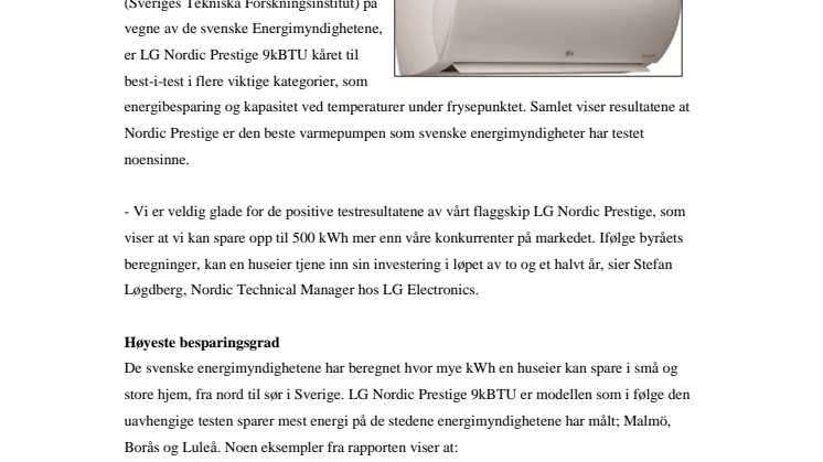 LG Nordic Prestige varmepumpe - den beste varmepumpen svenske energimyndigheter noensinne har testet!