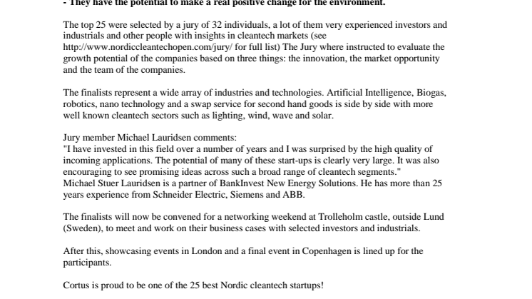 Swedish Cortus selected as one of the stars in Nordic Cleantech Open 