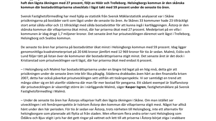 Unik kartläggning visar: Här har bostadspriserna i Skåne  stigit minst de senaste tio åren
