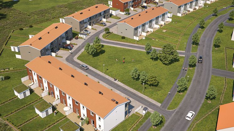 Översiktsillustration av det nya kvarteret, BoKlok Nejlikan, i Skarplöt, Haninge. 