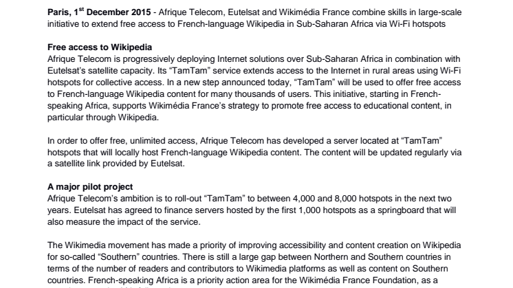 Afrique Telecom, Eutelsat and Wikimédia France to offer free access to French-language Wikipedia in Africa