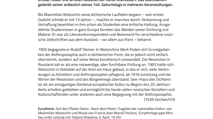 Europa verbindendes ‹Haus des Dichters›. 140. Geburtstag von Maximilian Woloschin am Goetheanum