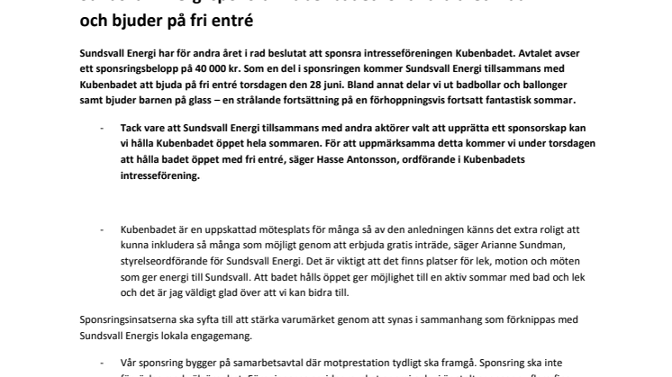 Sundsvall Energi sponsrar Kubenbadet för andra året i rad och bjuder på fri entré