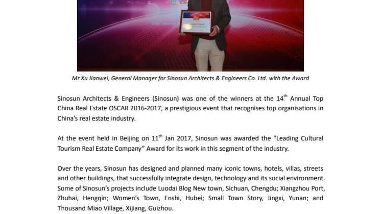 Sino-Sun Architects & Engineers wins “Leading Cultural Tourism Real Estate Company” Award