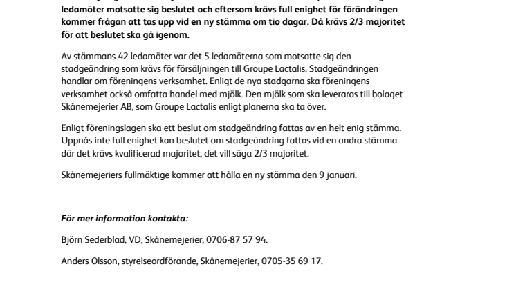Nästa stämma avgör försäljningen av Skånemejerier 