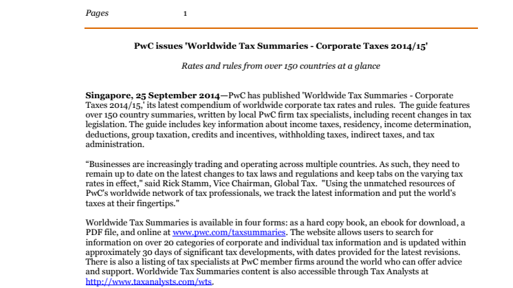 PwC issues 'Worldwide Tax Summaries - Corporate Taxes 2014/15'