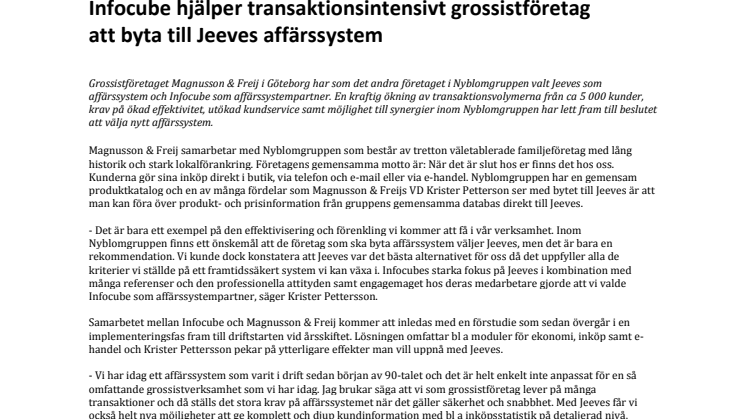 Infocube hjälper transaktionsintensivt grossistföretag att byta till Jeeves affärssystem