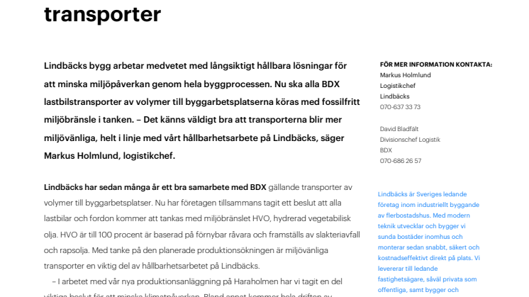 Miljövänligt bränsle i Lindbäcks transporter