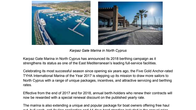 Karpaz Gate Marina Announces 2018 Berthing Benefits
