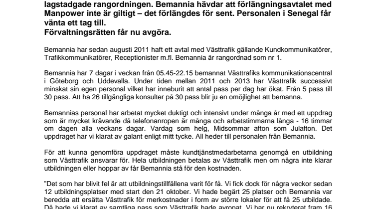 Bemannia välkomnar hävning från Västtrafik