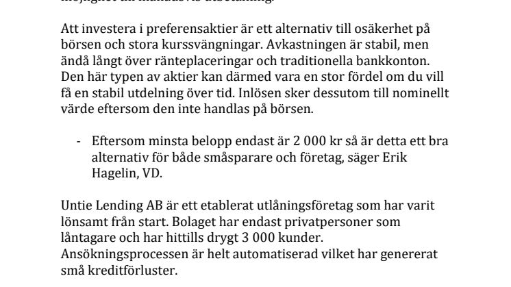Untie Lending AB ger ut preferensaktier